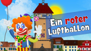 Ein Clown fliegt mit einem roten Luftballon davon.