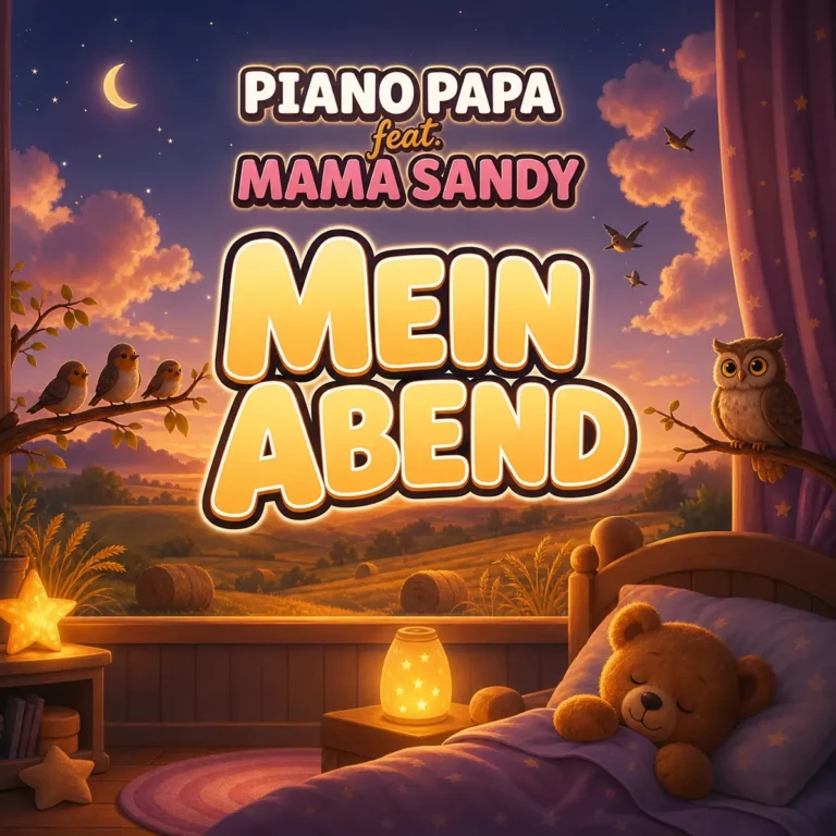 Single Cover Art für das Schlaflied Mein Abend von Piano Papa feat. Mama Sandy, zeigt ein friedliches Schlafzimmer bei Sonnenuntergang mit einem schlafenden Teddybären im Bett, einer Eule am Fenster und einer idyllischen Landschaft im Hintergrund.
