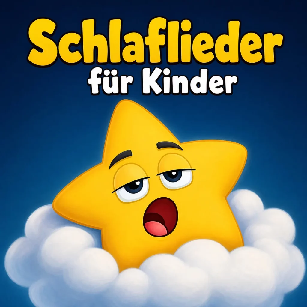 Cover der Piano Papa Playlist ‚Schlaflieder für Kinder‘: Eine Illustration zeigt einen gelben, müden Stern, der auf einer flauschigen weißen Wolke vor einem dunklen, nachtblauen Hintergrund liegt. Der Stern hat halb geschlossene Augen und einen entspannten Gesichtsausdruck. Der Text lautet ‚Schlaflieder für Kinder‘.
